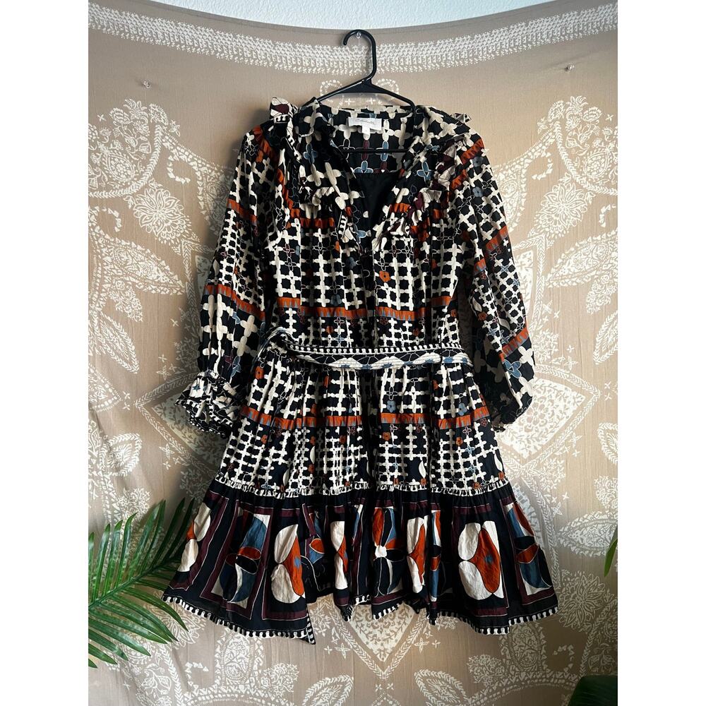 Cleobella Lotte Deco Print Long-Sleeve Tiered Mini Dress Size M - Picture 3 of 7